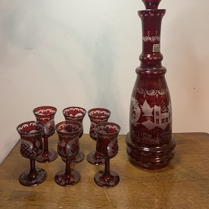 Rare Vintage Bohemian etched Ruby Red Glass Decanter and 6 cups, Bohemian Classy Glass Serving Decanter Bottle, Red Decanter Gift Bottle.