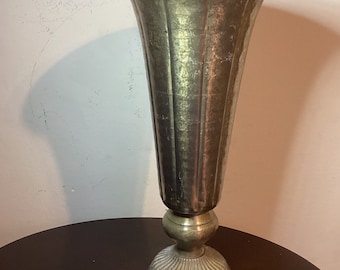 Vintage Afloral Distressed Gold Metal Fluted Vase
