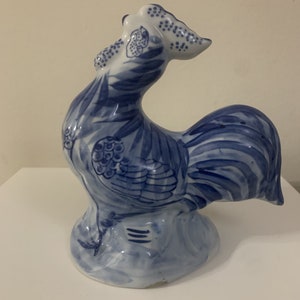 Vintage Blue and White Rooster Porcelain Figurine