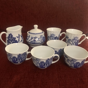 Vintage Royal Cuthbertson Blue Willow Tea sets, Holiday Dinnerware Gift set
