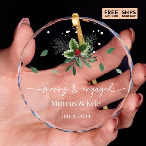 Personalized Engagement Ornament: Merry & Engaged Glass Keepsake