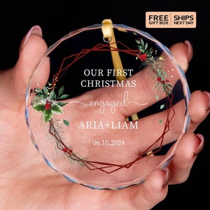 Personalized First Christmas Engaged Glass Ornament (Free Gift Box)