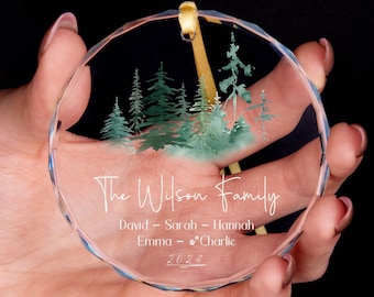 Personalized Family Christmas GLASS Ornament with Pet Name • Forest Ornament • Family Members Name Ornament • Christmas Keepsake