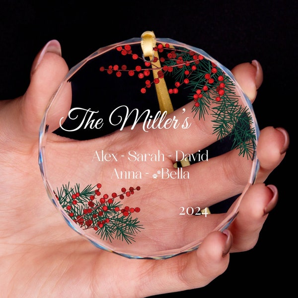 Personalized 2024 Family Ornament • Family Christmas Ornament • Family with Dog Glass Ornament • Christmas Tree Ornament