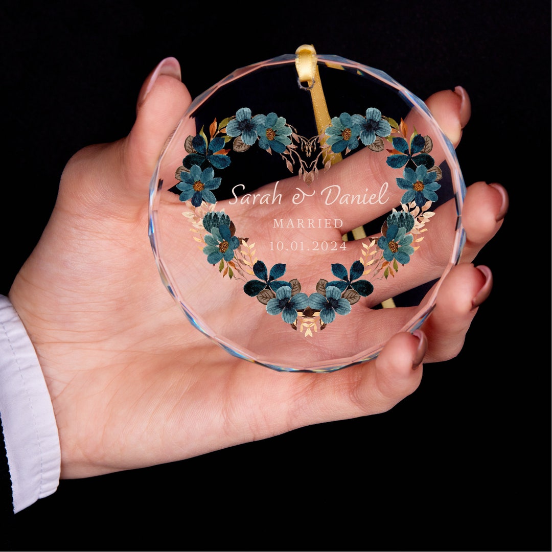 Personalized First Christmas Married Ornament Watercolor Blue Heart