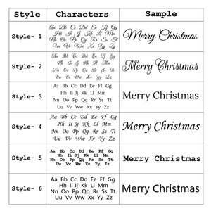 May include: A chart displaying six distinct cursive lettering styles for the phrase "Merry Christmas". Each style is labelled with a number from 1 to 6. The letters of the alphabet are listed beneath each style.
