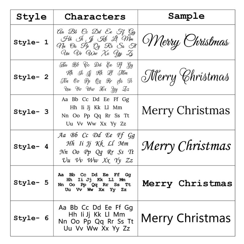 May include: A chart displaying six distinct cursive lettering styles for the phrase "Merry Christmas". Each style is labelled with a number from 1 to 6. The letters of the alphabet are listed beneath each style.