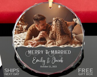 Merry and Married Photo Ornament• First Christmas as Married Ornament • Engagement Christmas Gift