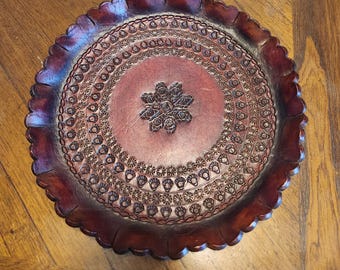 Vintage Leather Tooled Round Tray