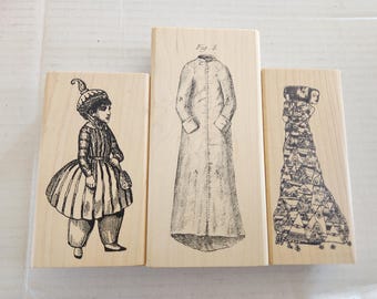 3 SteamPunk Like Wood Mounted Novelty Rubber Stamps.