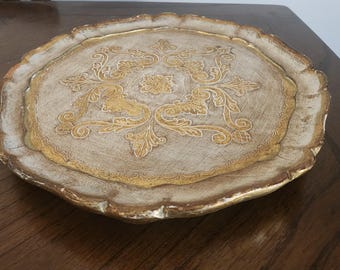 Vintage 13 Inch Florentine Style Lightweight Wood Tray. As Is.