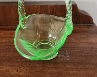 Vintage Green Miniature Uranium Glass Basket.