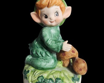 Vintage Ceramic  B/A Company Elf on a Mushroom Musical Figurine.