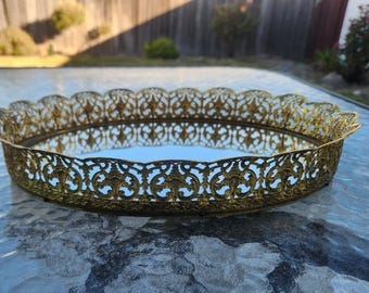 Vintage Gold Metal and Mirror Vanity Tray