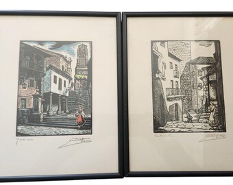 Two Vintage Framed Prints by Spanish Artist Juan Castells Marti.