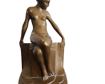 Vintage Spelter Metal Art Nouveau Nude Lady Single Bookend. Bronze Color