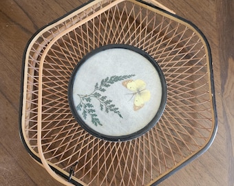 Vintage Bent Bamboo Handled Butterfly and Fern Tray.