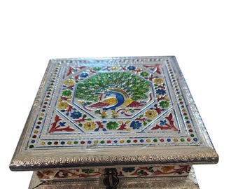 Vintage Foil Wrapped India Wood Dry Fruit /Nut Box. Peacock Bird Design.