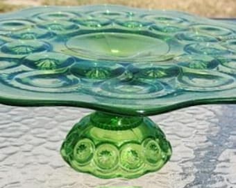 Vintage 1970s Era Green Glass Cake Stand. Light Scratches