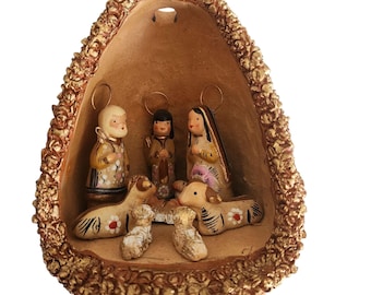 Vintage South American Christmas Clay Ceramic  Nativity Scene Egg Shape