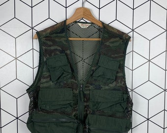 Vintage Japanese Brand Marbeja Green Camo Mesh Utility Vest Fishing Vest