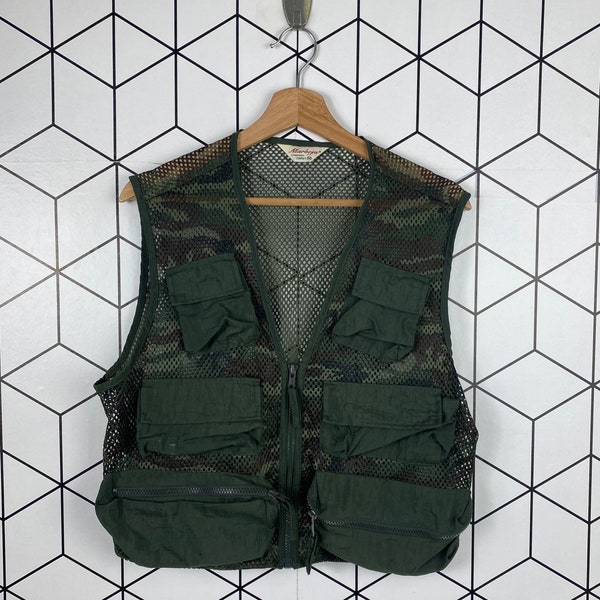 Vintage Japanese Brand Marbeja Green Camo Mesh Utility Vest Fishing Vest