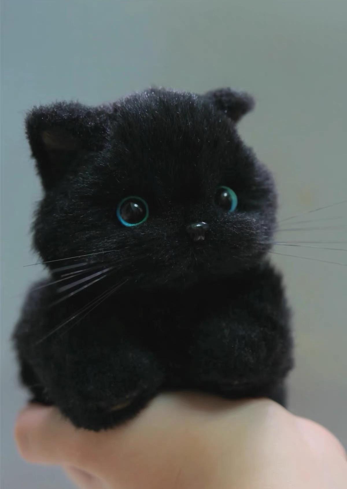 ポーズをとれる手作り猫のぬいぐるみ、リアルな黒猫アートドール
