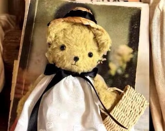 Osito de peluche estilo Blythe hecho a mano: Muñeca de peluche vintage con cesta
