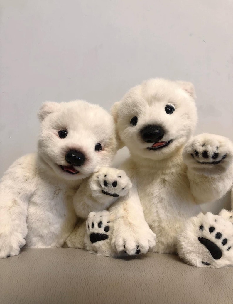 May include: Two white plush polar bear stuffed animals sitting side by side. The bear on the left is looking to the right and the bear on the right is looking to the left. Both bears have black eyes and noses and black paw pads.