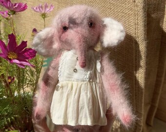 Petite Pink Elephant, Handmade Jointed Plush, Handmade Art Doll