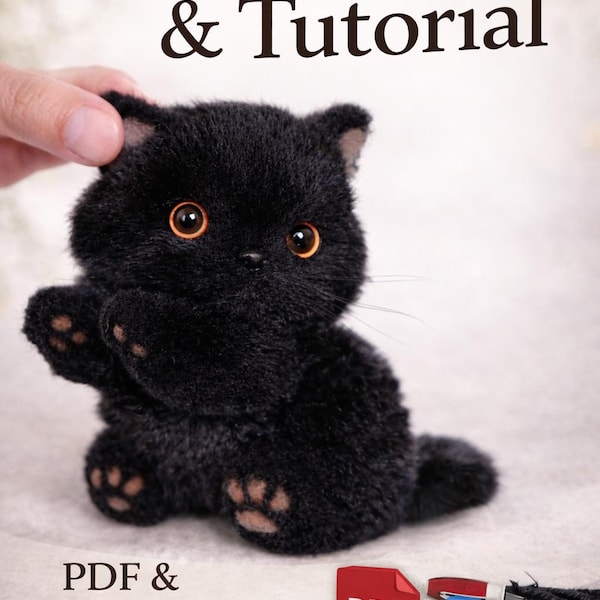 Patrón de costura en PDF de gatito articulado: Gato de peluche DIY, videotutorial