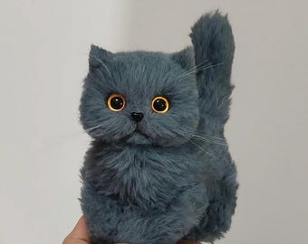 Handmade British Short Blue Cat Art Doll: Poseable Plush Toy