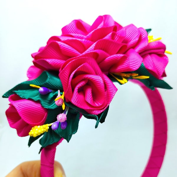 Magnifique serre tetê en ruban grosgrain roses/ bandeau de couronne de fleur rouge/ coiffe de mariée de mariage/ bandeau de fleur fuschia