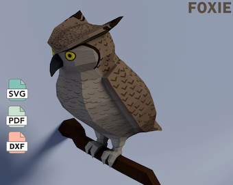 Owl on Branch Papercraft Template in SVG, DXF & PDF Formats, Low Poly Owl diy Paper Model, Forest Bird Decor, Printable Papercraft