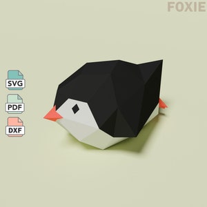 Sliding penguin papercraft, in PDF/JPG/SVG format, 3d low poly paper penguin model template, cristmas gift penguin, do it yourself