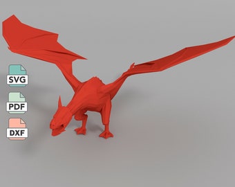 Dragon papercraft model template in SVG, JPG, DXF formats, 3d low poly paper dragon model template, model making, origami templates