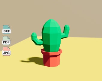 Potted Cactus Papercraft Template in PDF, DXF & JPG Formats, 3D Low Poly Cactus diy Paper Plant Decor
