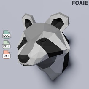 Racoon papercraft template in SVG, DXF, PDF formats, template for making a low poly model of paper racoon. Cute racoon head for wall templat
