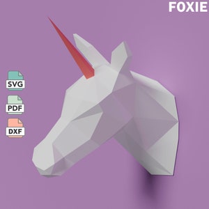 Unicorn papercraft template in SVG, PDF & DXF formats 3d low poly template of white unicorn with red horn, gift for gf, bf,