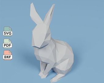 Rabbit papetcraft template in SVG, PDF, DXF formats, 3d low poly paper model of hare, sitting rabbit papercraft 3d model, home decorations