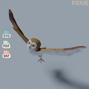 Plantilla de papercraft de búho volador en formatos SVG, DXF y PDF. Plantilla digital para hacer un modelo 3d de búho de baja poli