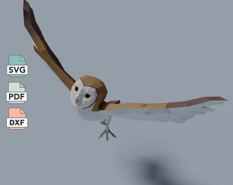 Modèle de création en papier hibou volant aux formats SVG, DXF et PDF. Modèle numérique pour créer un modèle 3D low poly de hibou