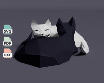 Yin Yang Cats Papercraft Template in SVG, DXF & PDF Formats, 3D Low Poly Cat diy Paper Model, Animal Decor Craft