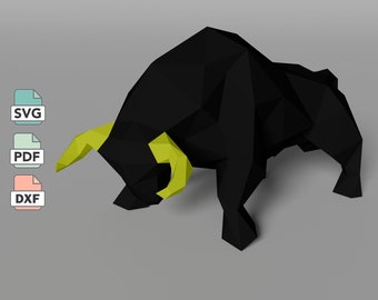 3D Bull Papercraft Template in SVG, PDF & JPG Formats, Low Poly Bull diy Paper Model, Farm Animal Decor