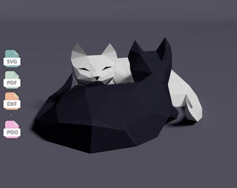 Yin Yang Cats Papercraft Template, 3D Low Poly Cat Sculpture Pattern, Sleeping Cats Paper Craft Pattern PDF SVG DXF Pdo