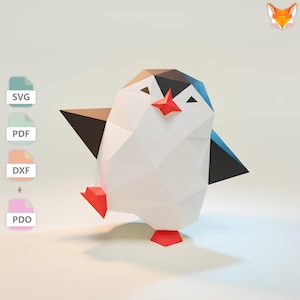 Papperspysselmall med dansande pingvin i SVG JPG- och PDF-format, pappersmodell med låg poly-pingvin, utskrivbar papperspyssel med söt djurdekoration