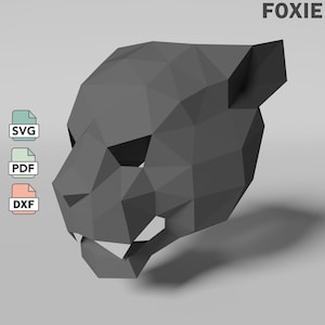 Plantilla de máscara de pantera negra/jaguar en formatos SVG, PDF, DXF, máscara modelo 3d de baja poli de pantera, máscara modelo de papel hágalo usted mismo, manualidades para niños