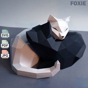 Papercraft con gatti Yin e Yang, in formato PDF/JPG/SVG, modello papercraft a basso numero di gatti in bianco e nero per realizzare un modello 3D di gatti yin e yang