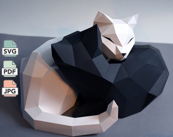 Yin & Yang cats papercraft, in PDF/JPG/SVG format, black and white cats low poly papercraft template for making 3D yin and yang cats model