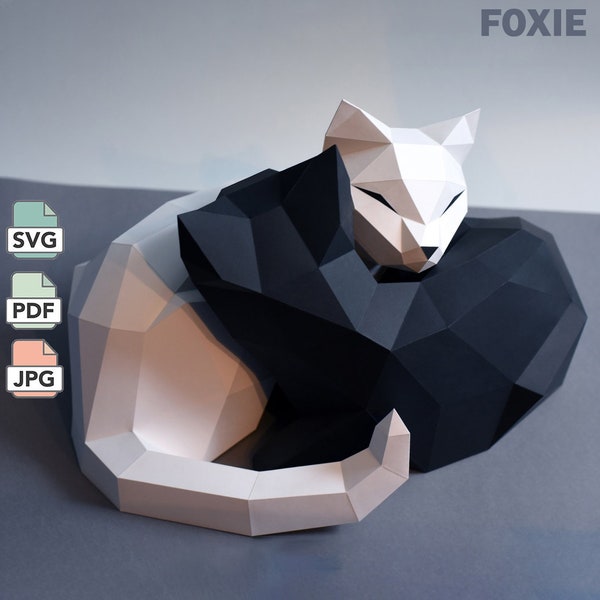 Yin & Yang Katzen Papiermodell, in PDF/JPG/SVG Format, schwarz weisse Katzen Low Poly Papiervorlage für die Herstellung eines 3D Yin und Yang Katzen Modells